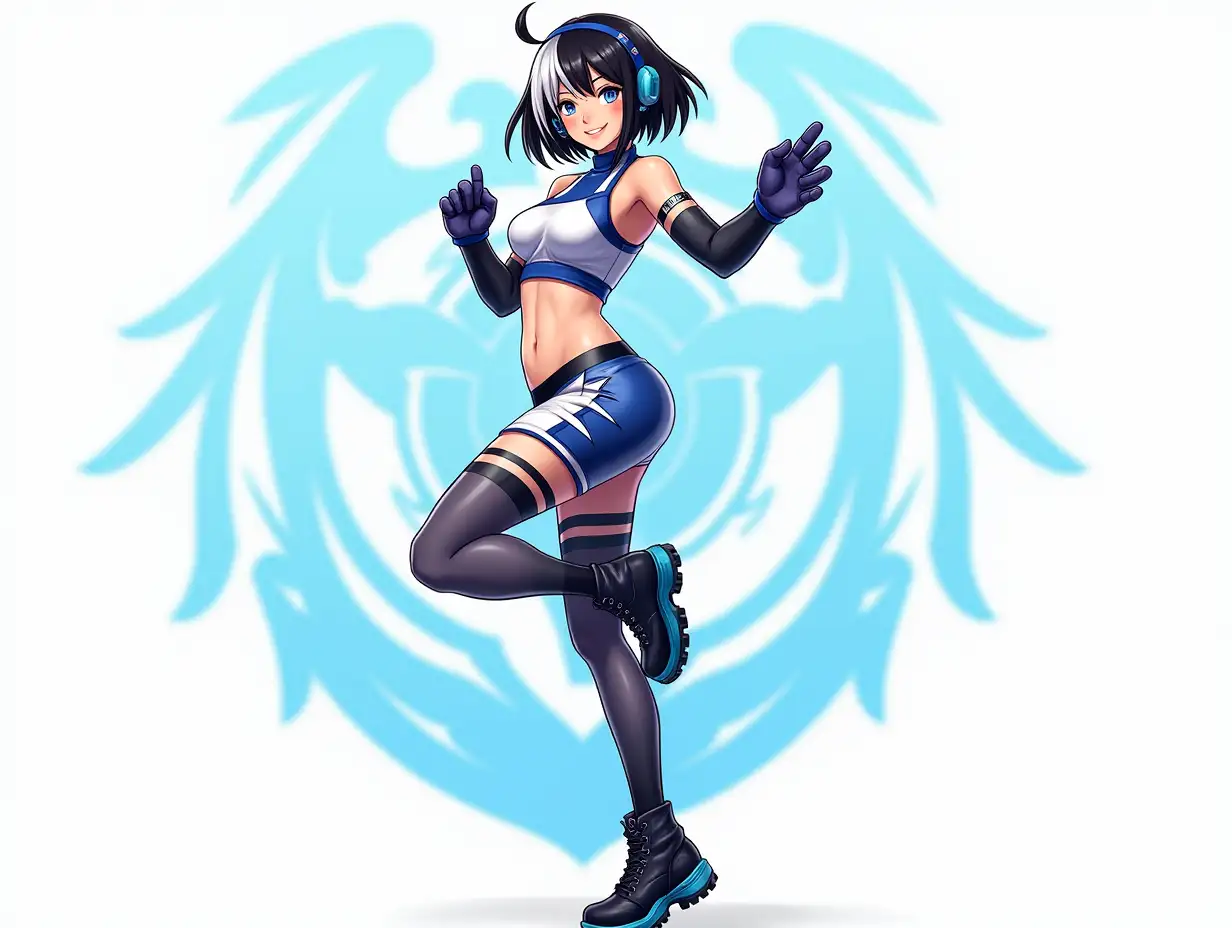 Dynamic, stylized female figure, likely a video game character.  Young adult, light-skinned, with black and white,  shoulder-length hair, showcasing a vibrant, athletic pose, mid-action.  Wearing a vibrant blue and white athletic-style top with a cropped design, and matching shorts.  Dark, high-tech boots with blue accents complete the look.  Expression is confident and alert.  Strong, defined facial features and a slight smile suggest a focused, determined attitude.  The figure is rendered in a dynamic pose, her leg raised, highlighting the body’s musculature and action.  The environment is minimal, purely focused on the character.  Background includes a prominent, stylized,  light-blue graphic design, seemingly an emblem.  The composition is centered, with a bold emphasis on the figure's movement and pose.  Colors are intense and saturated, with a palette of blues, whites, and blacks.  The lighting is strong and highlights the details of the character.  The style is anime-influenced digital art, with a futuristic touch. High-detail texture present on the clothing and boots.  The atmosphere is energetic and purposeful, capturing a dynamic character ready for action.