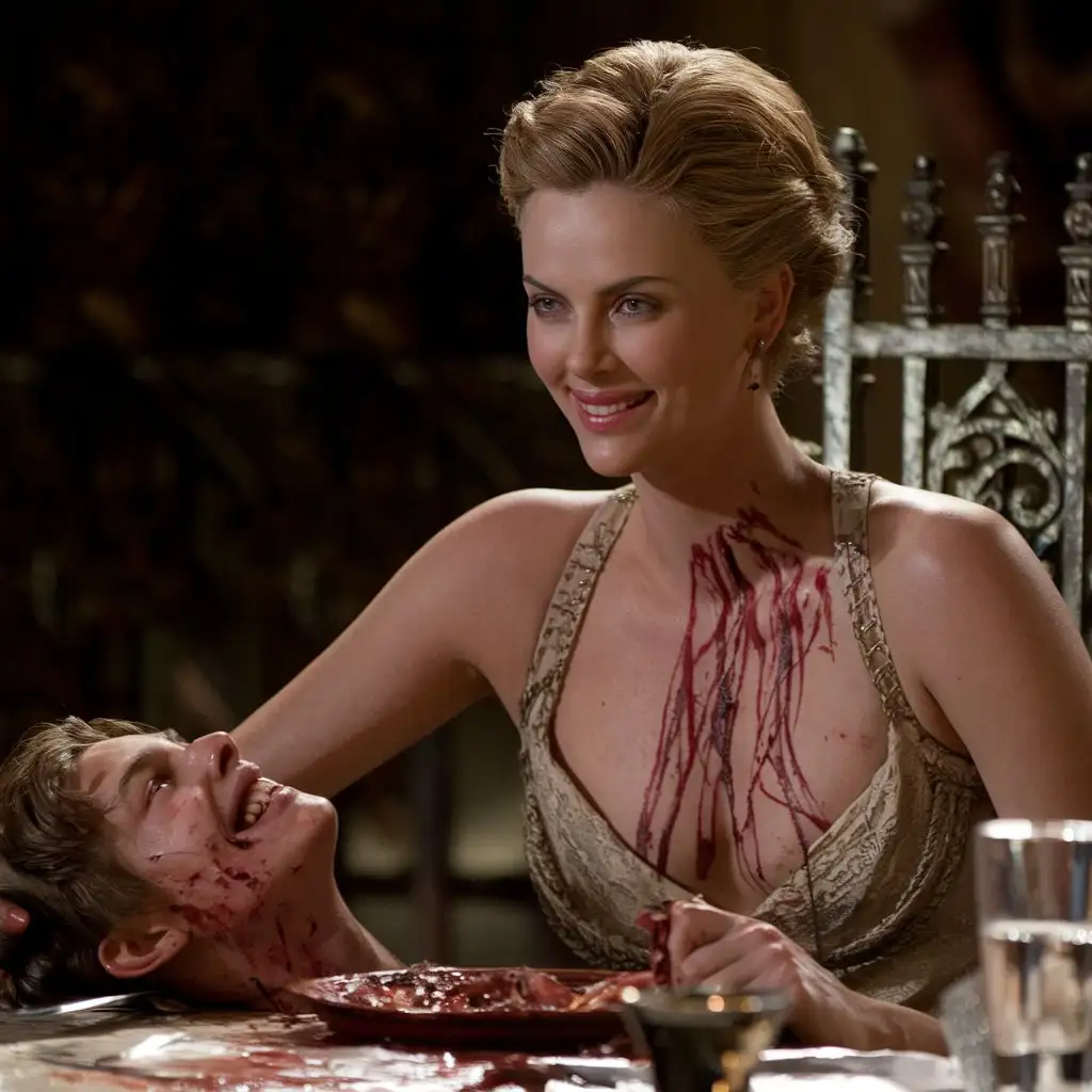 Charlize Theron sit at a high table, indulging in a grisly feast of a young man.  they exude a sinister mix of seduction and menace, their smiles as dangerous. , cinematic, photo , 4k