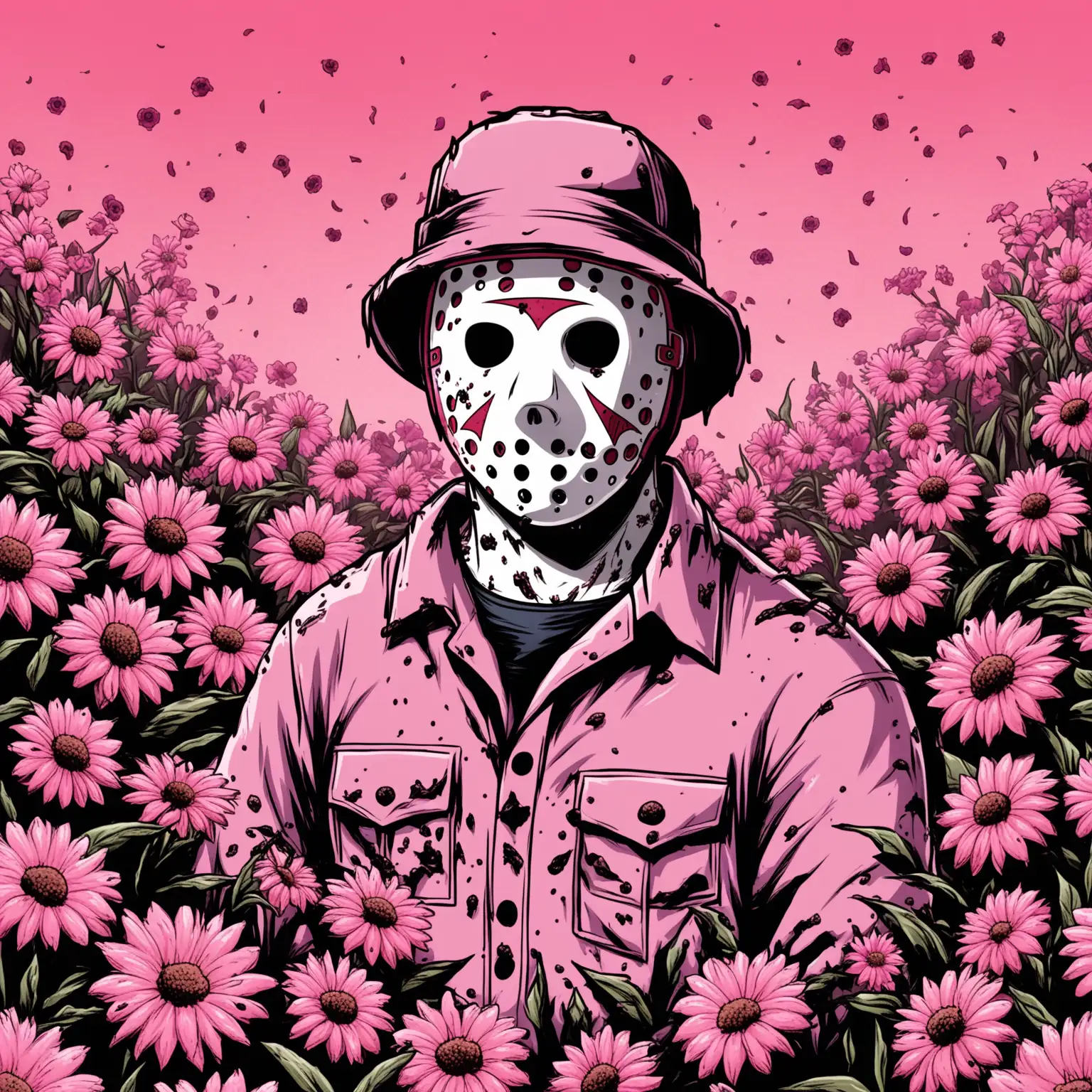 cartoon Jason vorhees in pink hat with pink flowers surrounding him