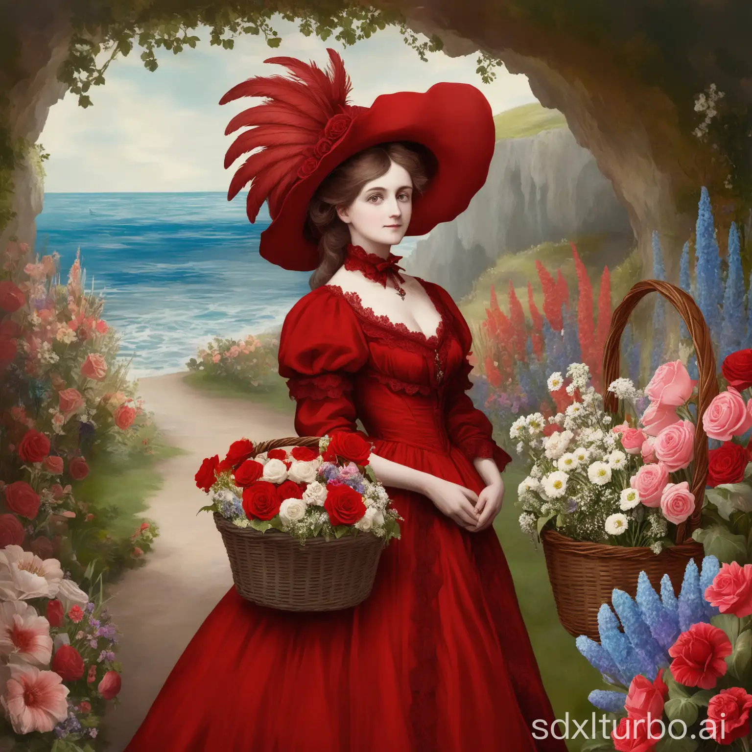 caver in the reFull-length portrait of a Victorian model woman in a red dress and a red feathered hat with a basket of flowers in her hand against a background of a garden full of flowersd sea