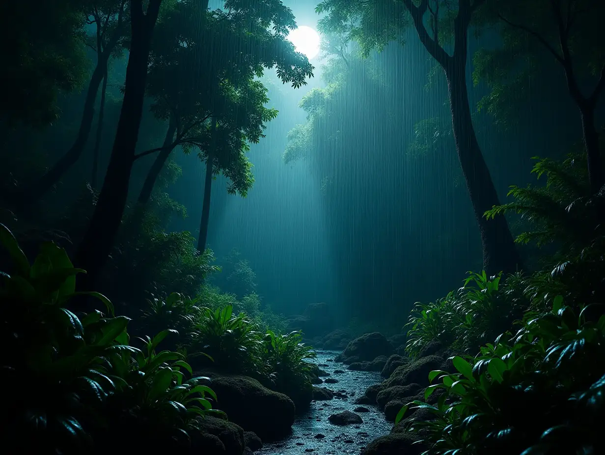 A dense jungle at night with a dramatic rainfall, illuminated by moonlight filtering through thick tree canopies. The scene features lush green foliage, wet leaves reflecting the light, and a misty atmosphere created by the rain. Small streams of water flow along the forest floor, and the setting is serene and mysterious, capturing the vibrant life and tranquility of the jungle during a nighttime rainstorm.