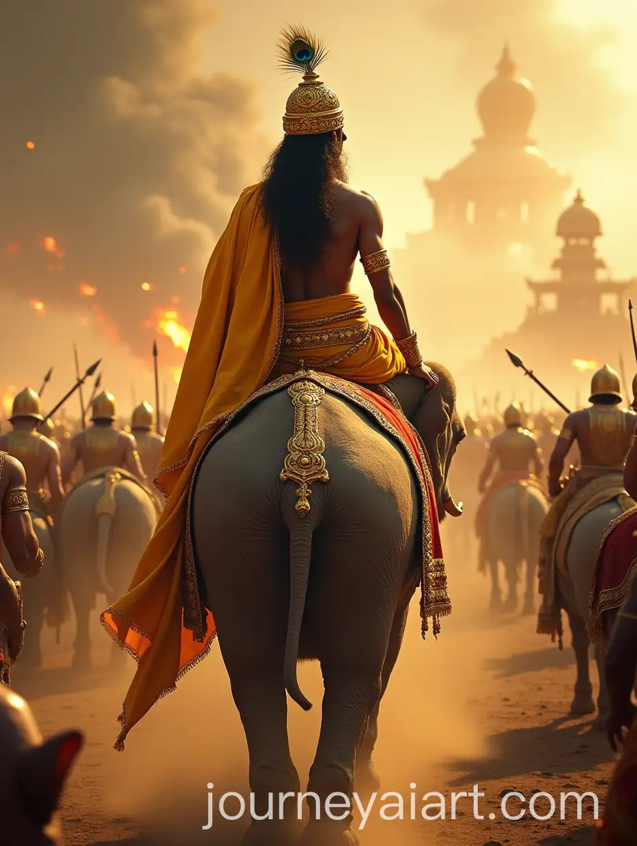 Shree-Krishna-on-Elephant-in-Mahabharata-Battleground-with-Celestial-Weapons