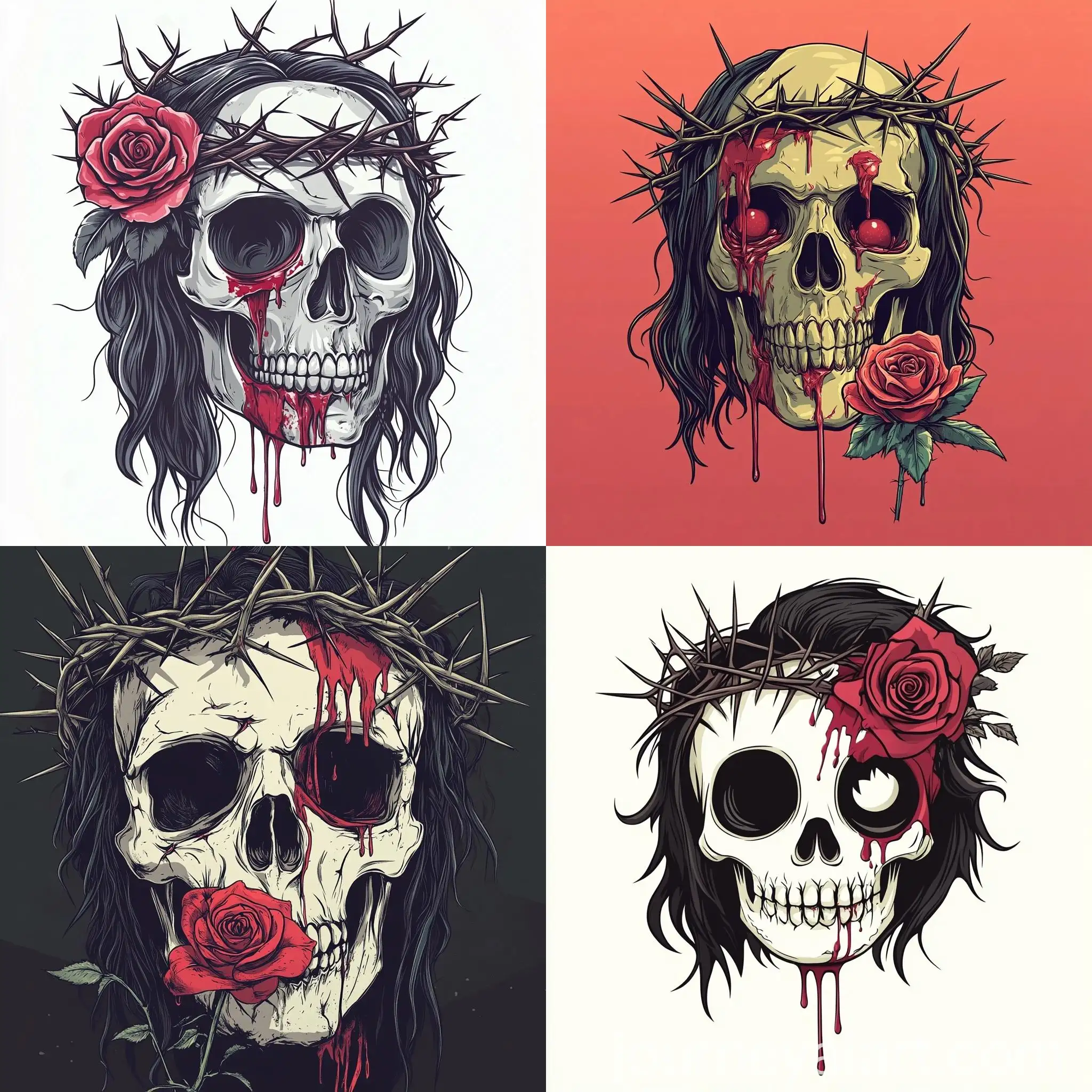 Cartoon-Skull-with-Blood-Tears-Crown-of-Thorns-and-Rose