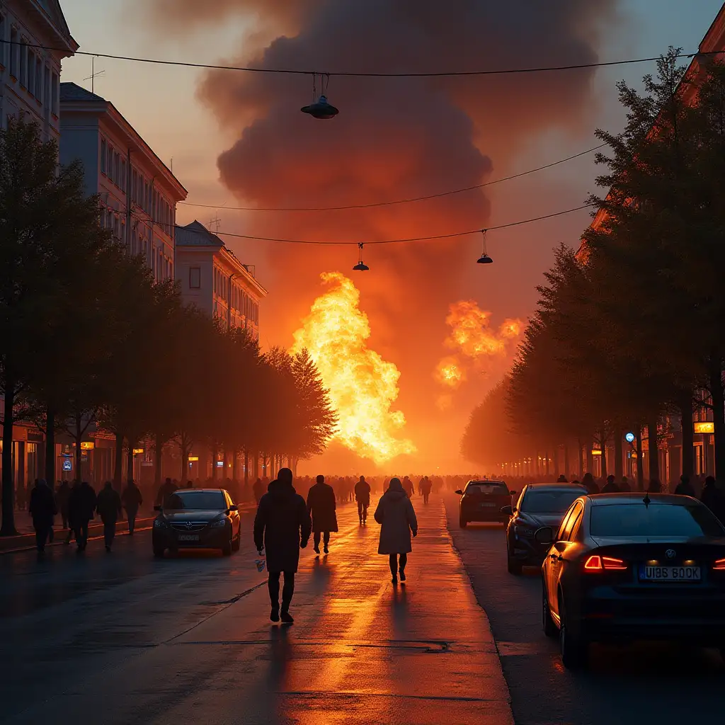 Kreshchatyk (a street in Kyiv, Ukraine) on fire and explosions