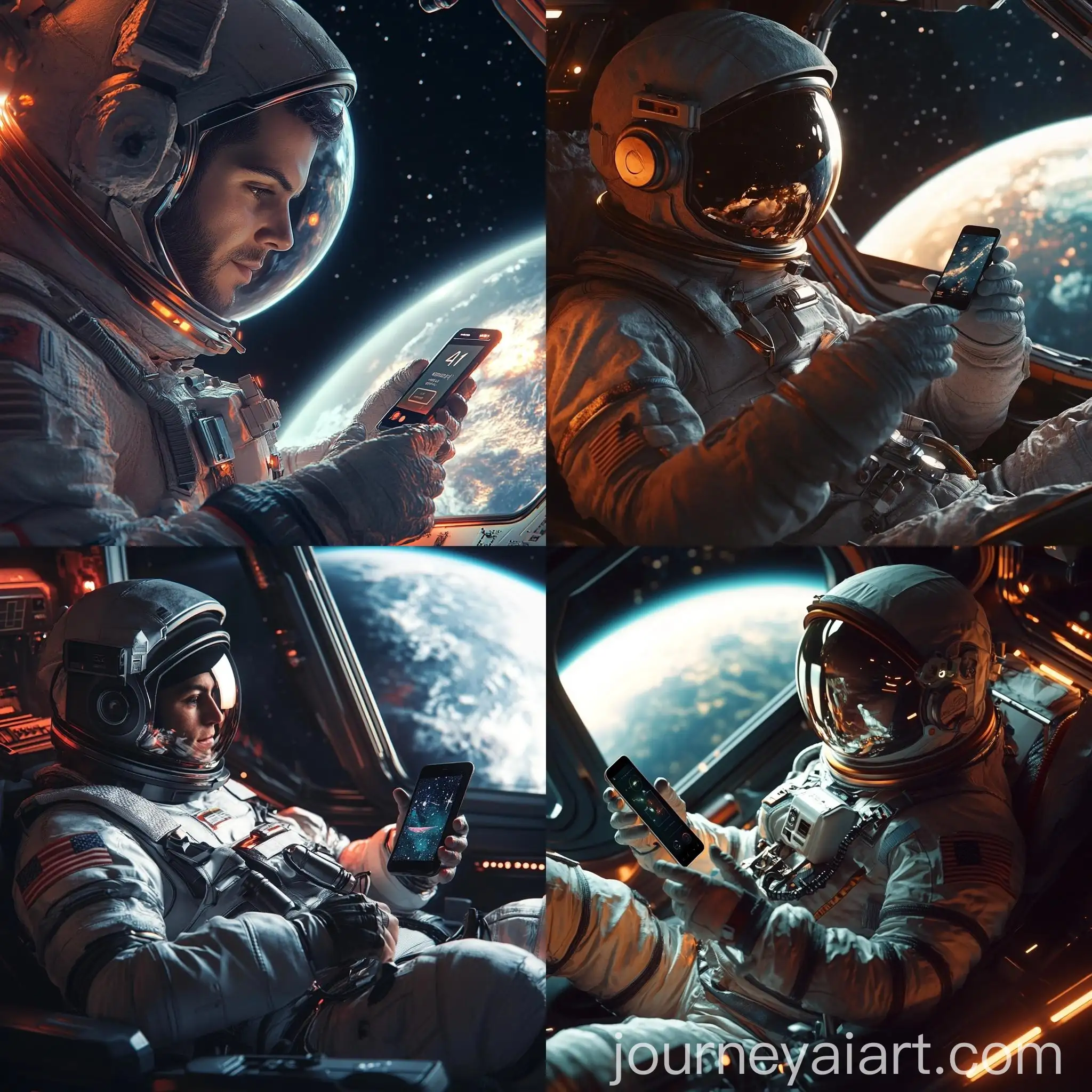 Male-Astronaut-Using-Mobile-Phone-in-Spaceship-with-Planet-View