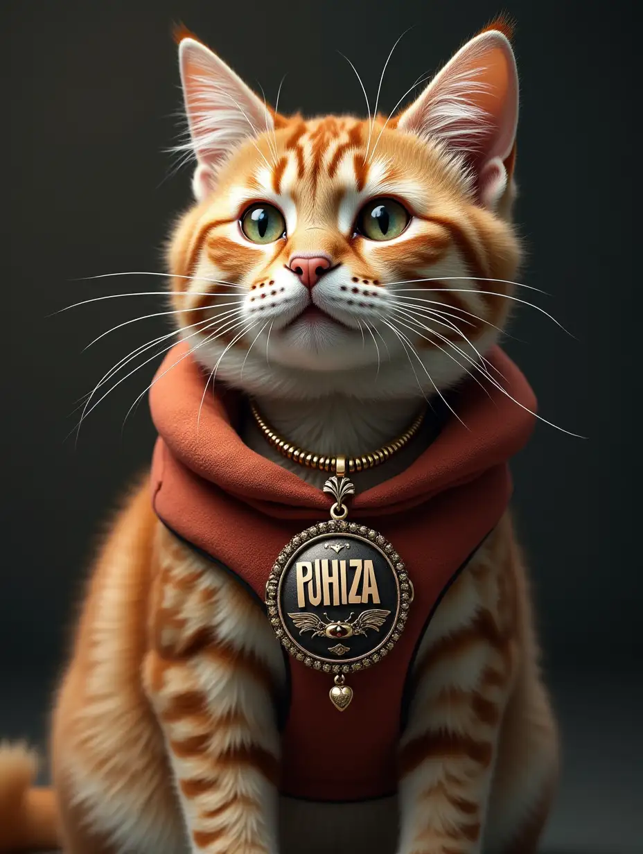 1 cat with big necklace on that has the word PUHIZA on it