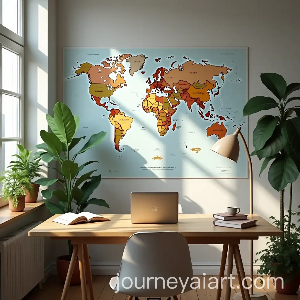 Cozy-Home-Office-with-Wooden-Desk-Plants-and-World-Map