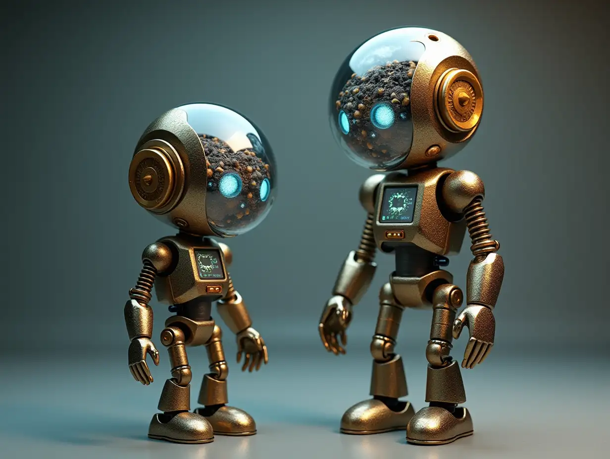 Create a high-resolution, realistic image of artificial intelligence: Robert, two meters and a one meter tall robot with gears on arms and legs, gears on cheeks and a glass head with visible gold plated brain, screws with many gears and many small glass balls on the photo studio floor at 4-k resolution.