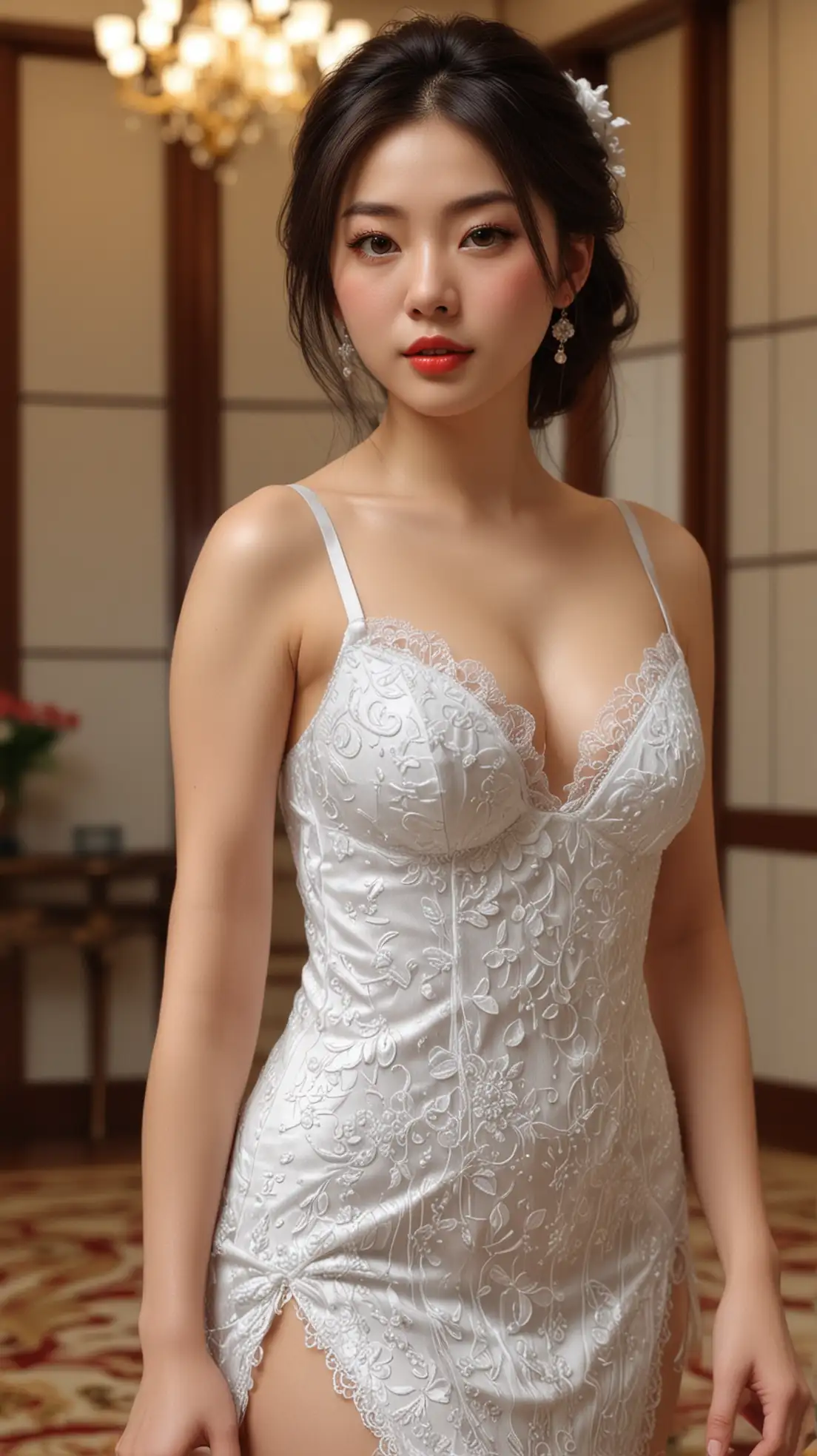 lingeriedressjapanese,8k, best quality, masterpiece, extremely detailed, rule of thirds, photo realistic, superb, HDR, high resolution, sharp focus, photo realistic rendering, extremely detailed description, professional, gorgeous and intricate detail,1Japanese girl,medium shot, solo, white dress, red lips, standing in luxury hall, <lora:LingerieDressJapanese:0.6