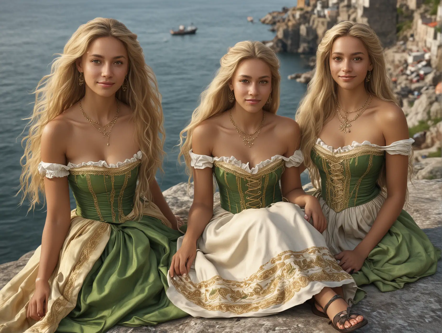 a hyperrealistic picture of a group of beautiful young mixed race woman of 60%nordic, 20%Arabic and 20%African origins with golden-blond elegant long hair, green eyes, beige skin, only wearing strapless dirndl micro-skirt with hybrid Swedish and Arabic ornamentation and a necklace, sitting on a rock by the Stockholm coast playing on her harp,  smiling into the camera, front view, hyperrealistic(full body)