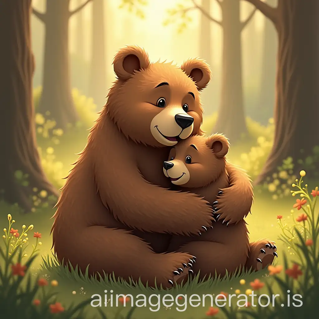 A sweet scene of a bear cub being embraced by a loving bear mom, nestled in her soft fur. They are surrounded by a peaceful forest with sunlight filtering through the trees, creating a warm and cozy atmosphere that highlights their close bond.