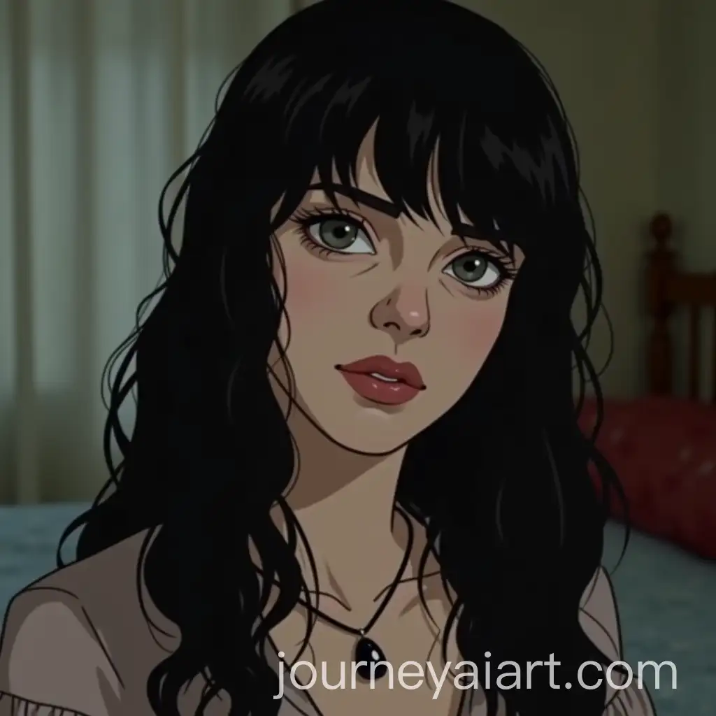 Serious-Young-Woman-with-Black-Hair-and-Grey-Eyes-in-a-Casual-Bedroom-Setting