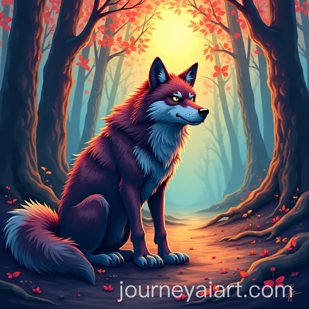 Grumpy-Wolf-in-a-Colorful-Woodland-Scene