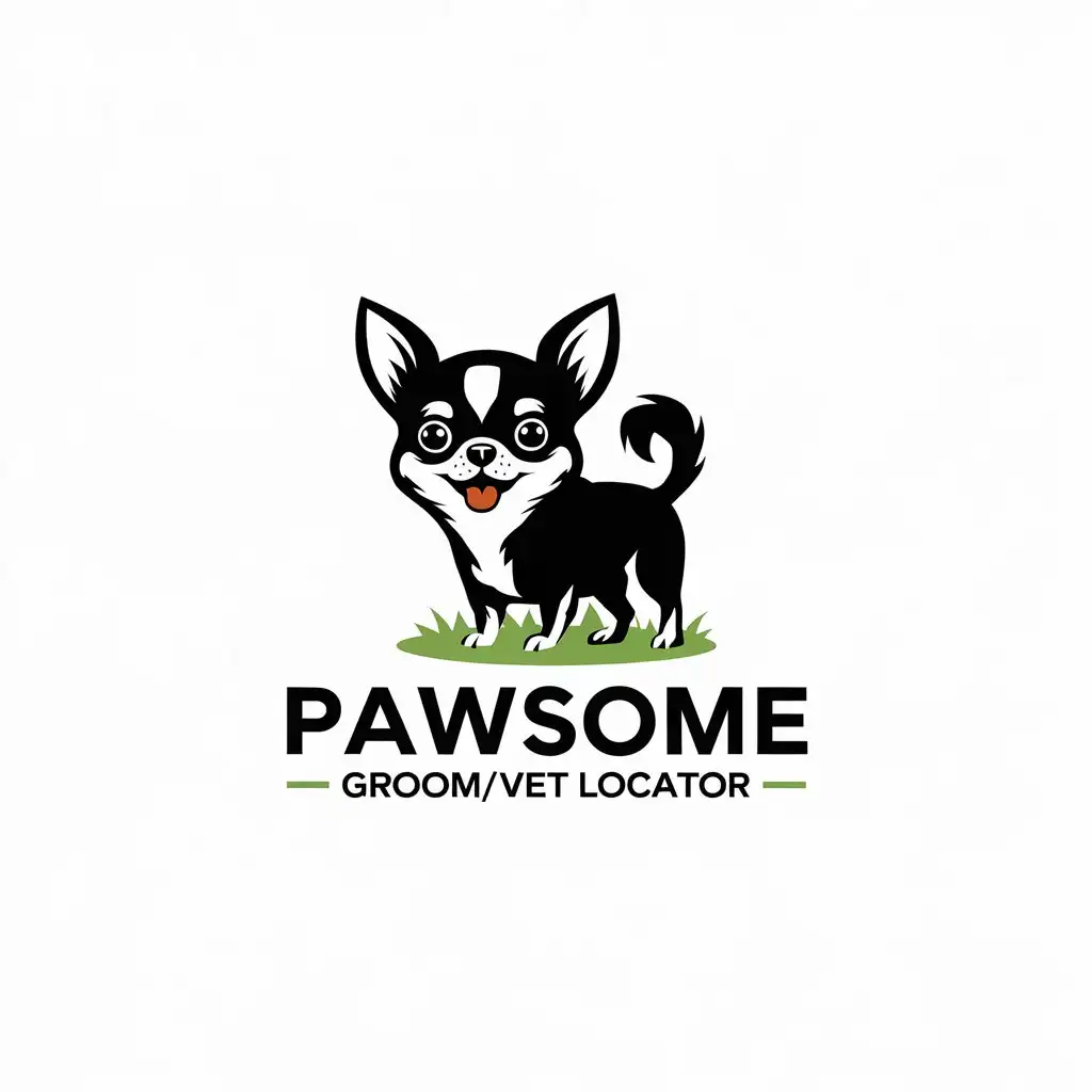 LOGO Design for PAWsome GroomVet Locator Happy Black Chihuahua on Green Grass for Animal Care Industry