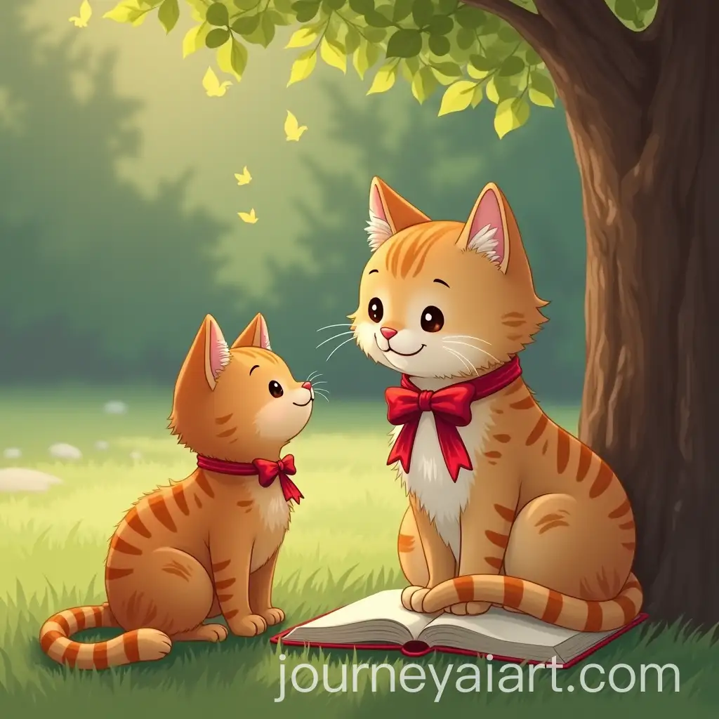 Two-Cats-Meeting-in-the-Park-with-a-Red-Ribbon-and-a-Book-Under-a-Tree
