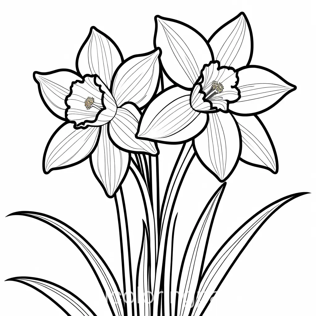 Black and white outline art, Daffodil flower, coloring book page, completely white, children's style, white background, full body, sketch style, white background , use outline only, cartoon style, line art, coloring book, clean line art, white background., Coloring Page, black and white, line art, white background, Simplicity, Ample White Space