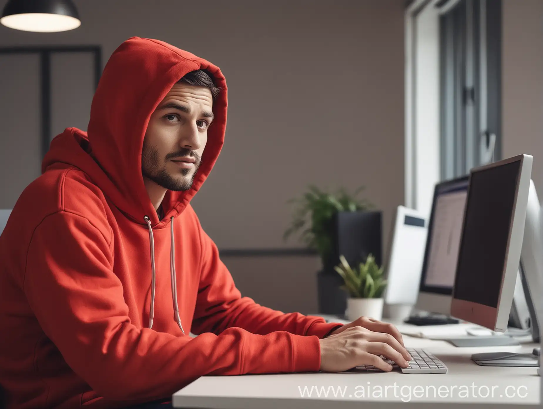 generate a picture where a man in a red hoodie is sitting at a computer in the office.