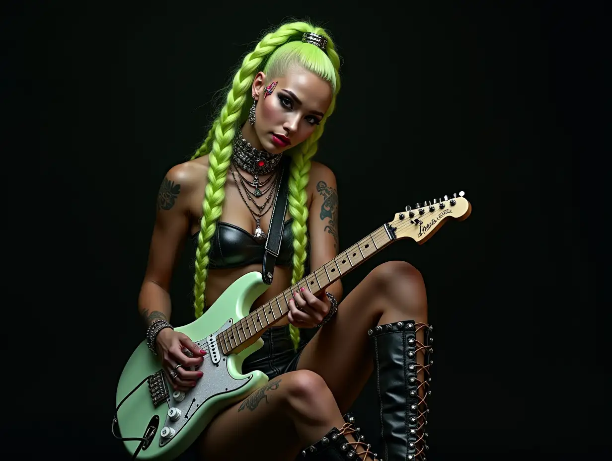 Representation of a beautiful white woman with -tattoo, long mixed green-yellow braided hair in futuristic style and laced boots, holding an electric guitar with intricate, colorful and futuristic jewelry. Blurred black background 120mm shot