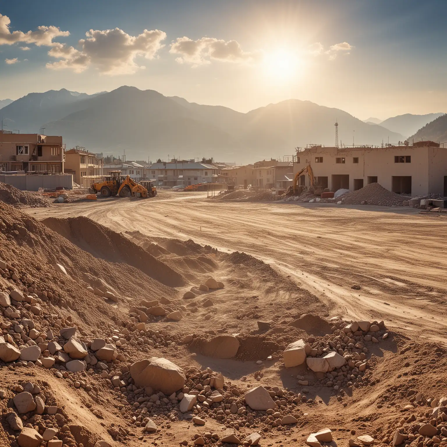 Construction scene, inside there is sandy ground, soil, crushed stones, a pile of sand, blurry buildings, blurry mountains, evening sun, panoramic view