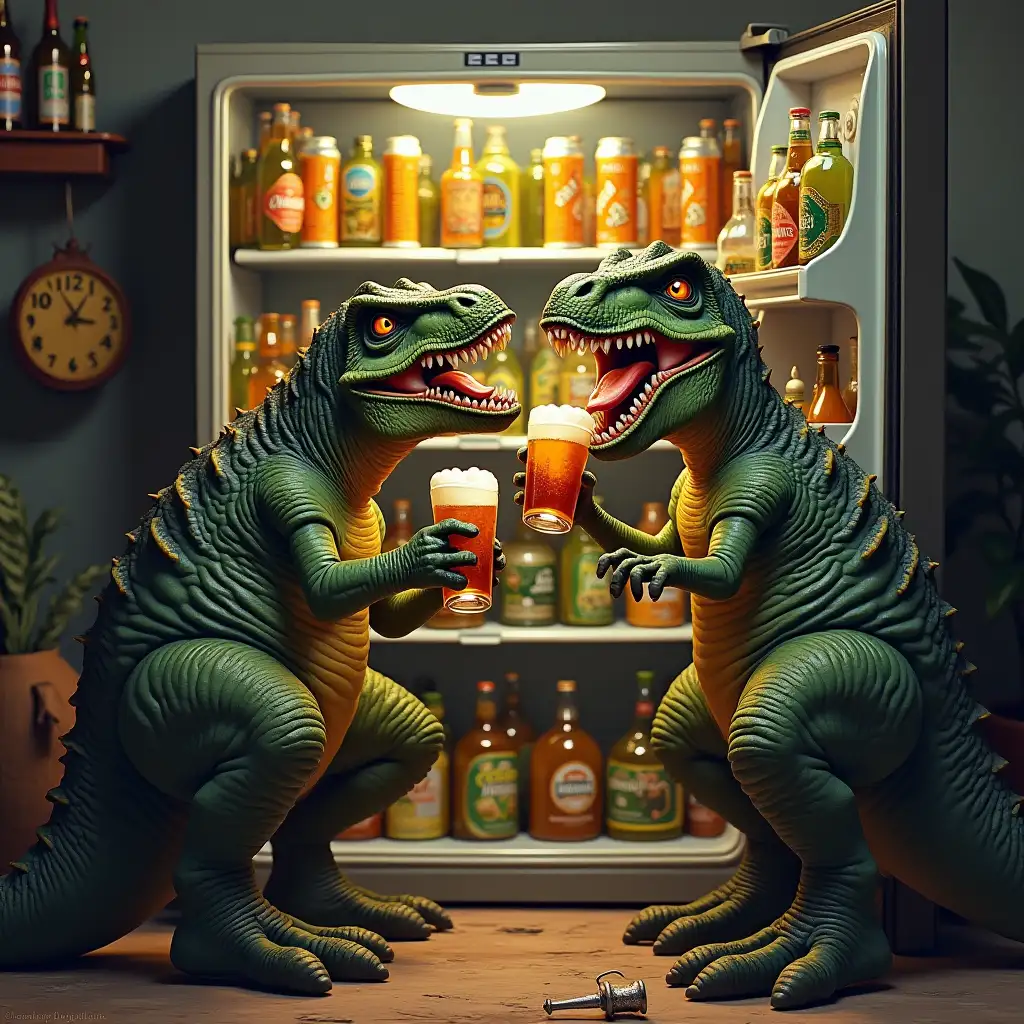 Dinosaurs with orcs drinking beer in the fridge