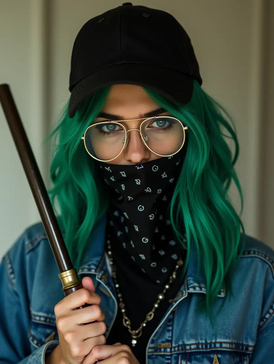 a woman with green hair, in a black cap and aviator glasses, with a black bandana covering her mouth, in a blue denim jacket with a metal bat in her hands