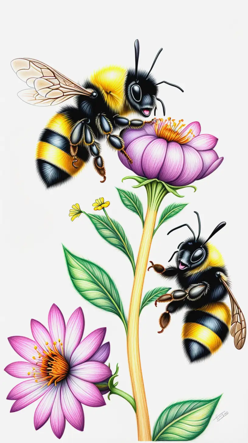 Bumble bees with flowers colored pencil drawing