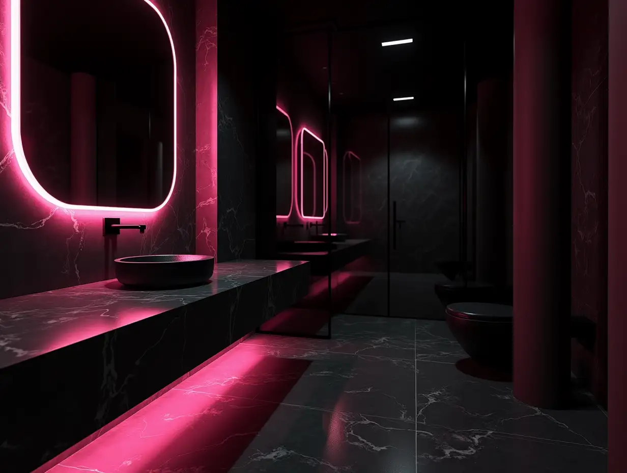 Elegant-Black-Bathroom-with-Marble-Counter-and-Neon-Accents