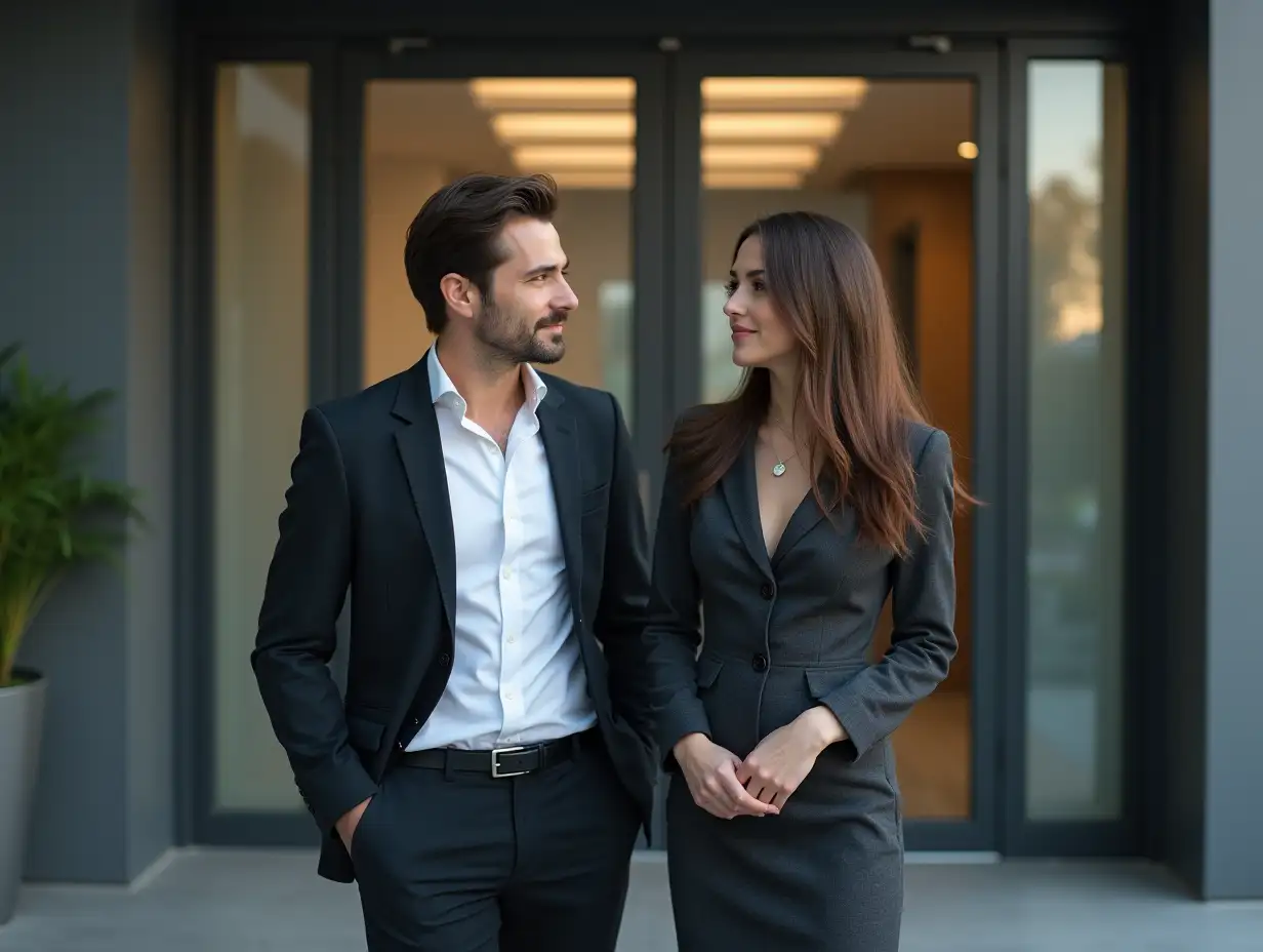 a couple of a man and a woman in the hyperrealistic genre, STANDING AT THE ENTRANCE OF AN OFFICE BUILDING, a man in a suit.    brown-haired woman with blue eyes, she is cute, hourglass figure, small breasts, wide hips. she is dressed in office style.  they are talking