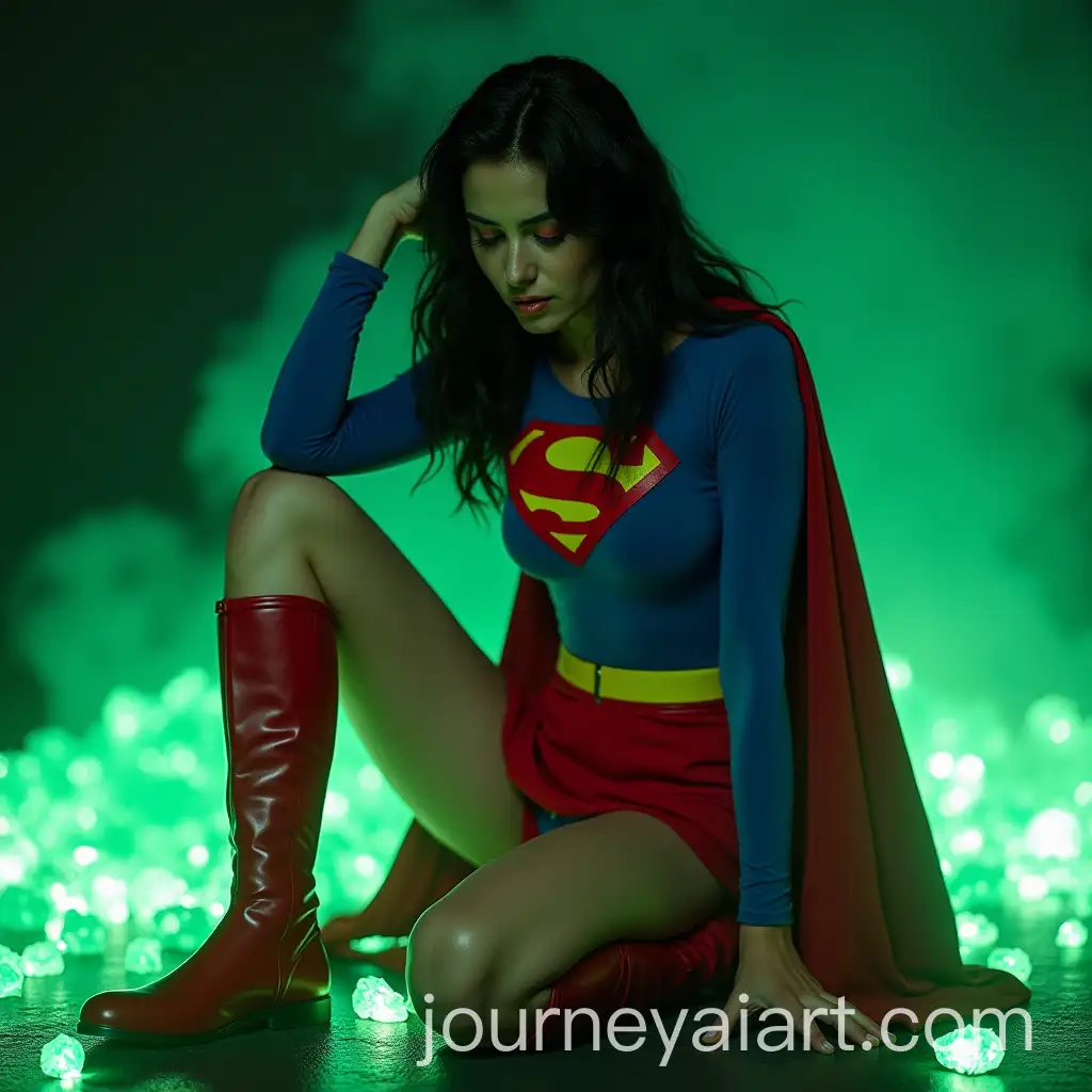 Determined-Superheroine-Kneeling-Amid-Glowing-Green-Crystals