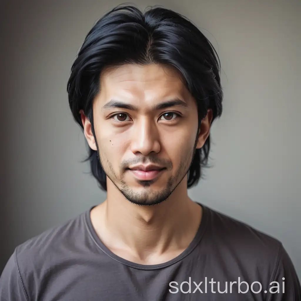 Casual portrait of a male around 30 years old, mix of asian and arabian. Black hair.