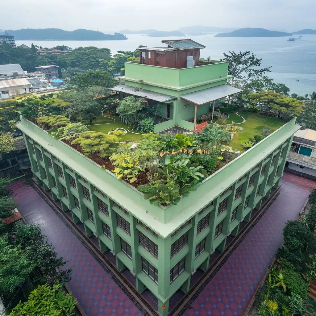 Overview of green buildings, with purple and red accents around