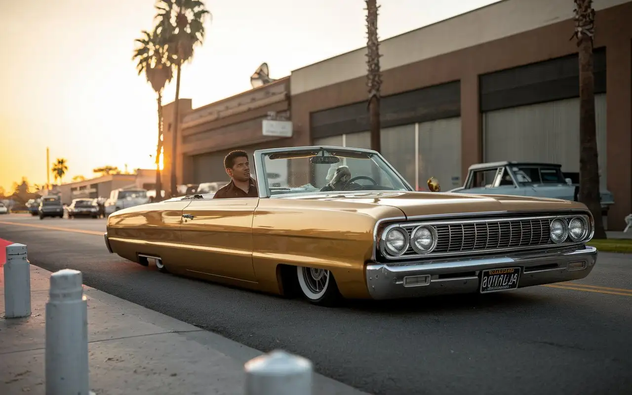 Golden Droptop Lowrider Car Driving at Sunset in Los Angeles