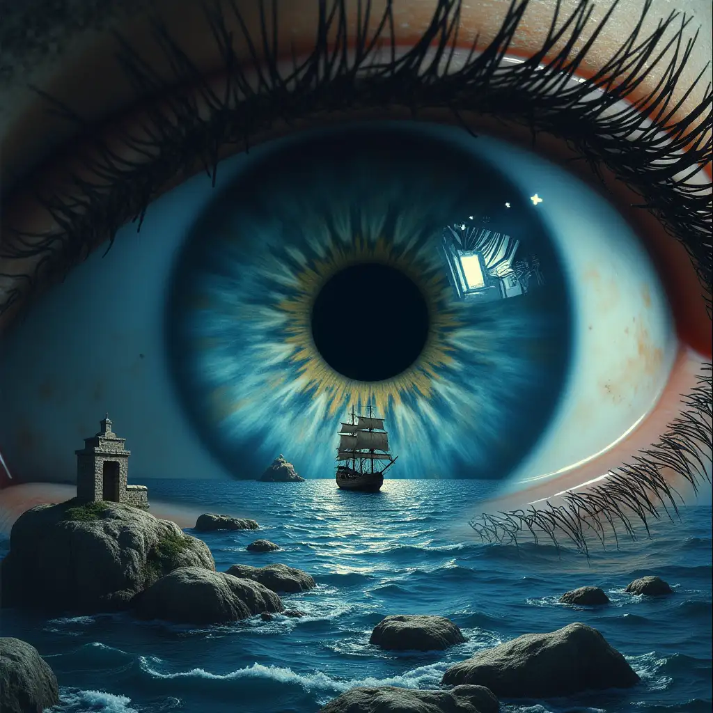 realist style giant eye toward on front, extreme close-up, filling the entire frame; inside the eyeball, a vast nighttime seascape is reflected with moonlight; rocky outcrops scattered across the ocean surface; a medieval wooden mast warship sailing on the sea; highly detailed; influenced by surrealist painter René Magritte; perfectly symmetrical composition; bright natural lighting; crisp reflections; hyperrealistic eye texture and eyelashes