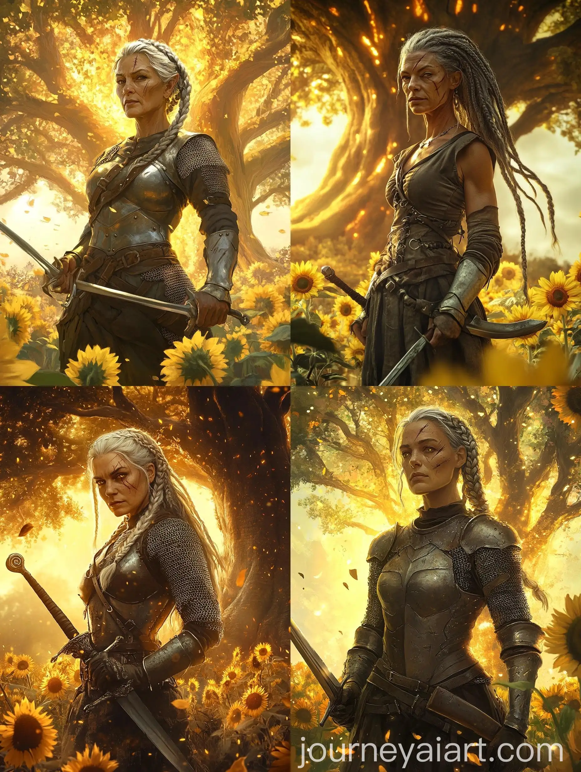 Warrior-Woman-with-Blades-in-Sunflower-Field-and-Glowing-Tree