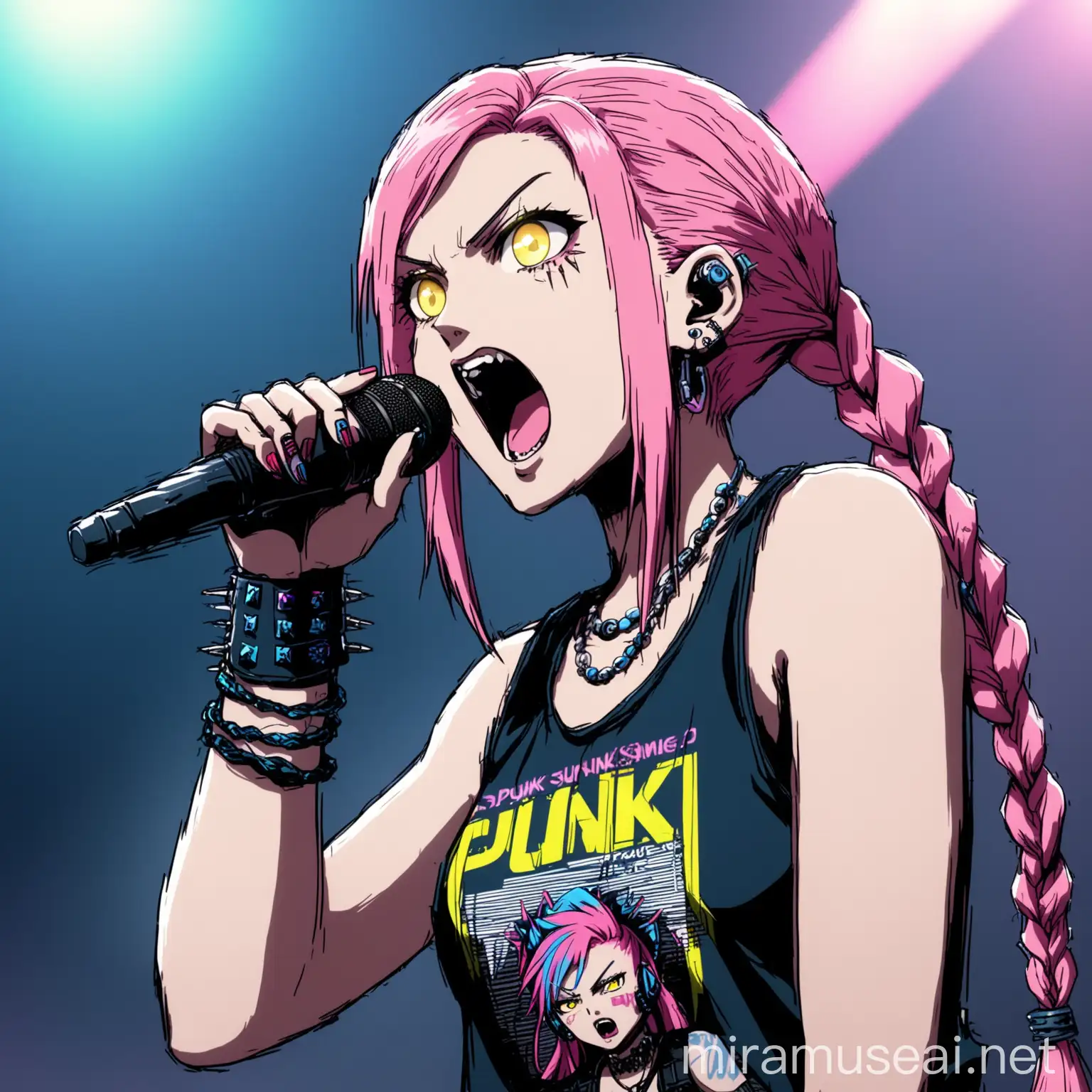 Aggressive Cyberpunk Woman Singing at Concert with Pink and Blue Hair