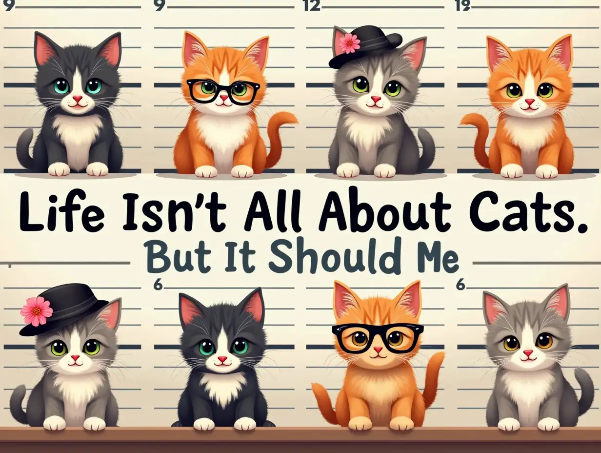 Vector. eight cute kittens in mugshots, featuring the word 'Life Isn't All About Cats But It Should Be' in bold, centered eight cute kittens. The kittens are wearing different accessories, such as flowers, hats, and glasses. The background is a wall used to take pictures of criminals.