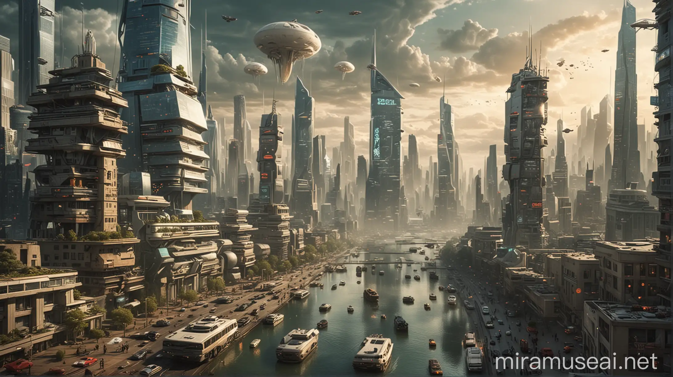 Futuristic Cityscape with Flying Cars and Holographic Displays