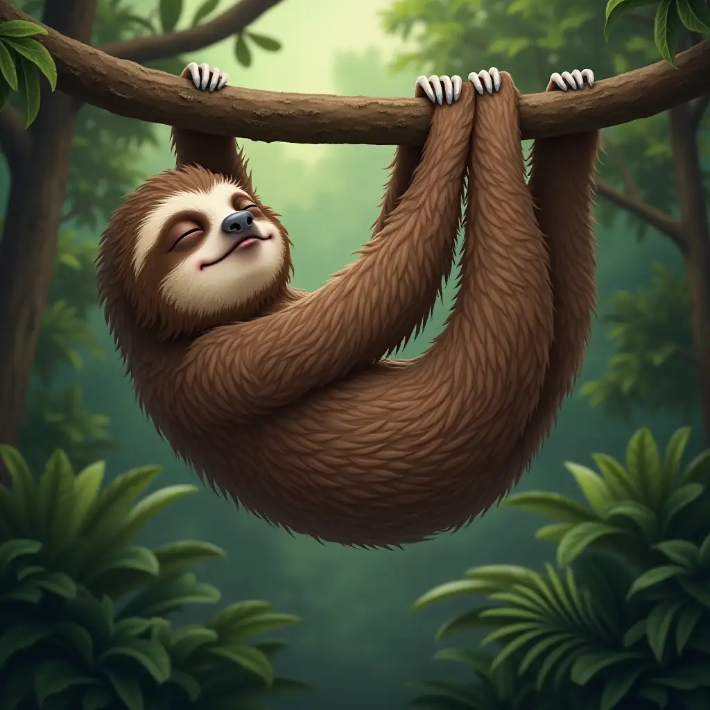 A sloth hanging relaxed on a tree in a tropical rainforest. It has a satisfied, relaxed face and closed eyes while sleeping deeply. The background shows green, dense trees and a calm atmosphere.