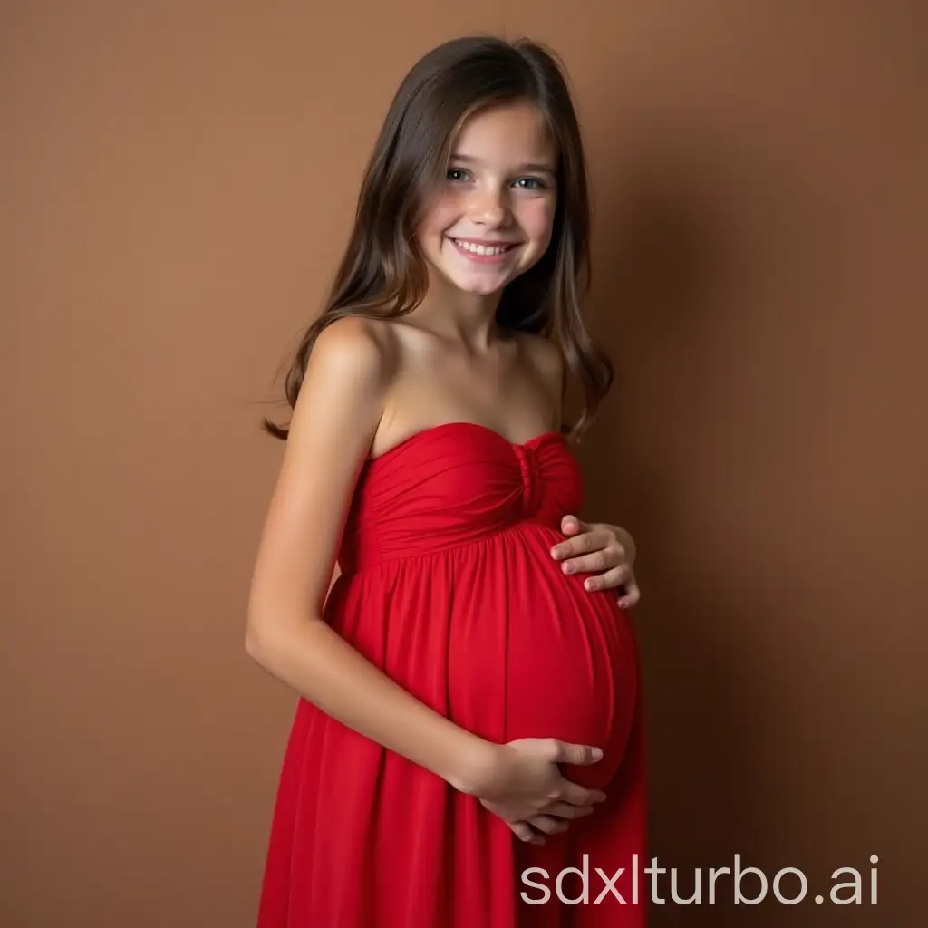 Portrait-of-a-Teenage-Girl-in-Red-Strapless-Dress-Holding-Her-Pregnant-Belly