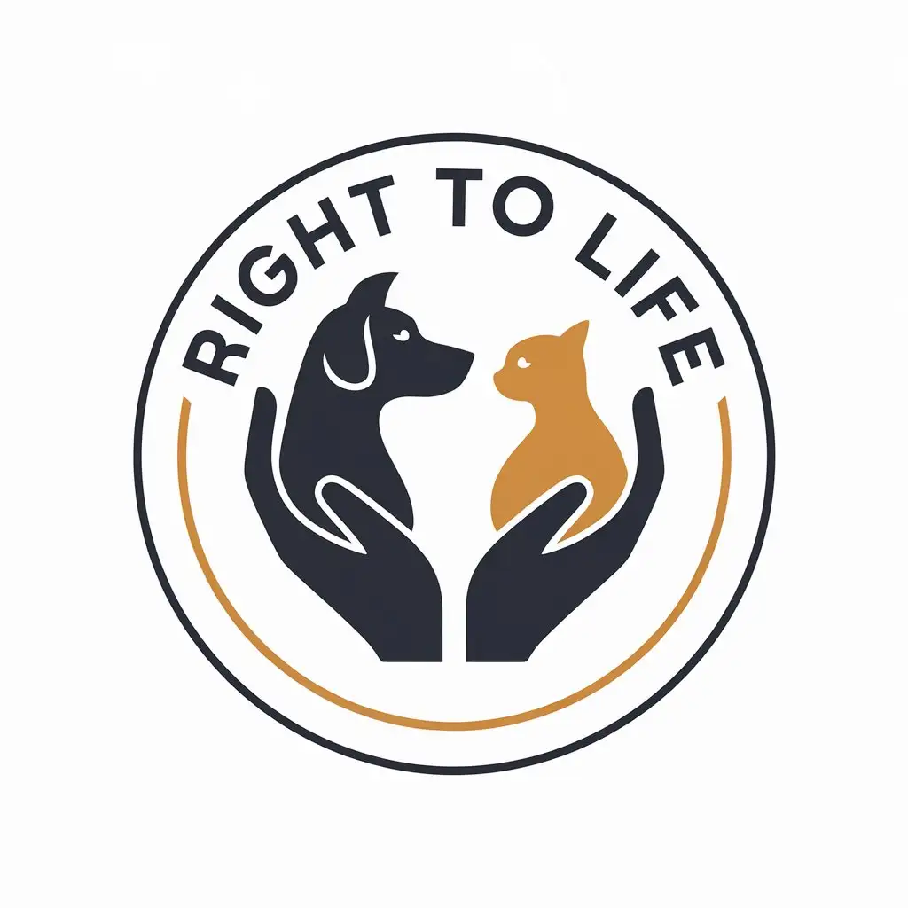 a vector logo design,with the text "Right to life", main symbol:a dog and a cat in hands,Moderate,be used in Animals Pets industry,clear background