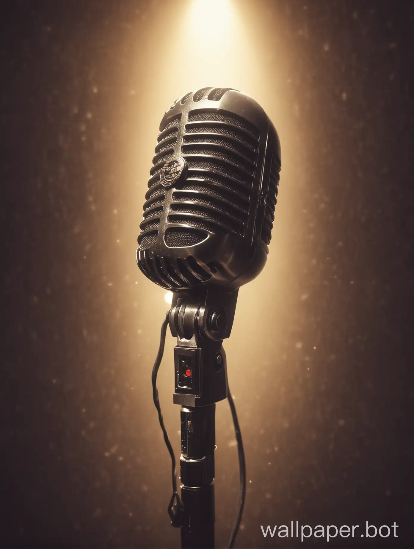 A music poster with a microphone in the middle with background lights
