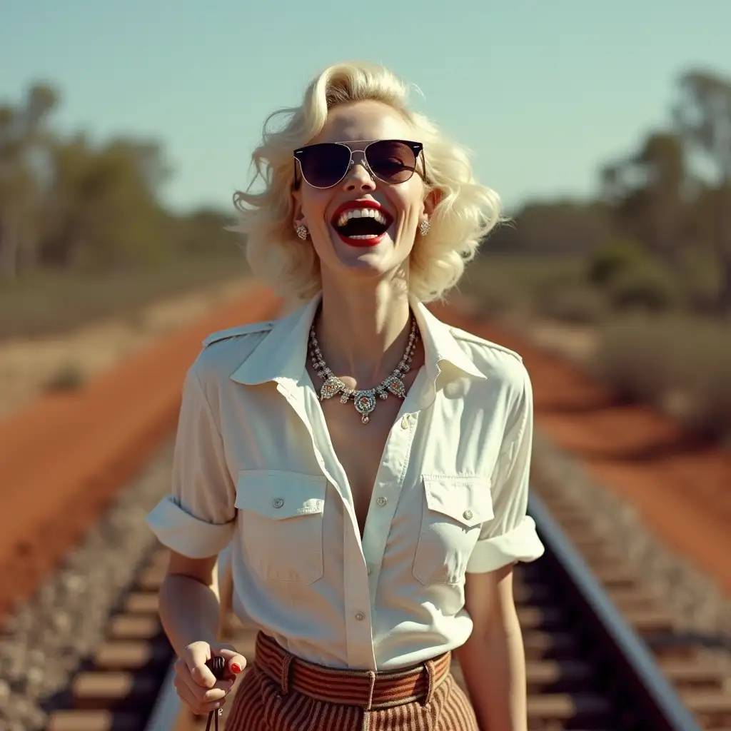 marilyn monroe, wearing an white deep-necked field shirt, laughing with her mouth open, red lipstick accentuating her smile, jewerly, aviator sunglasses, white skin, whip in hand, walking on rails, australia, bush