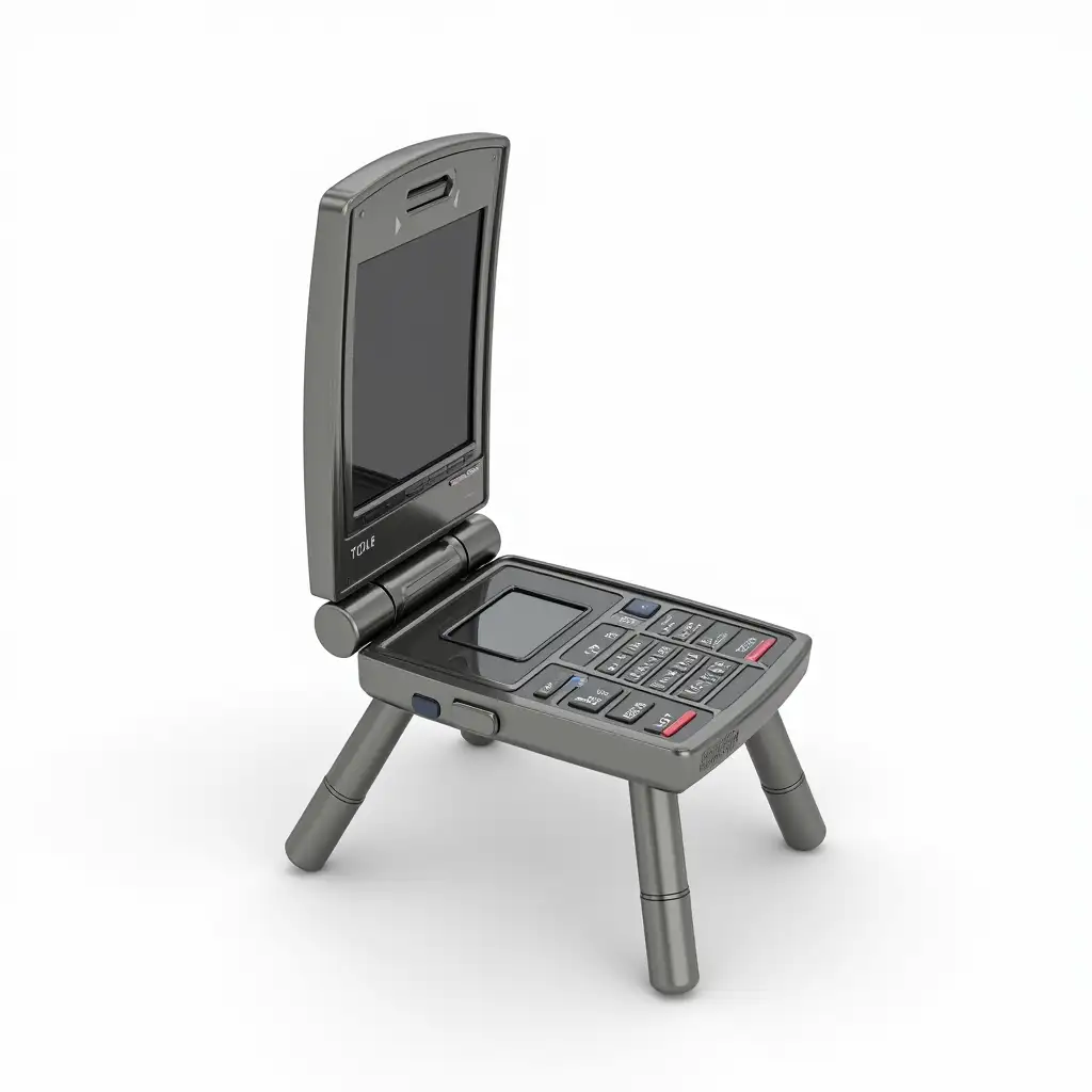 A realistic, surreal flip phone transformed into a chair, maintaining all the features of a classic flip phone while functioning as a chair. The phone's body is used as the chair's structure, with the bottom part of the flip phone forming the seat. The keypad is visible on the seat, creating a tactile and recognizable surface. The phone's top portion, usually the screen, now serves as the backrest, with the hinge mechanism visible on the side, acting as the back support. The flip phone's buttons are still intact, with the familiar layout. The legs of the chair are designed to look like the flip phone's extended sections when opened. The background should be white, emphasizing the surreal transformation while keeping the integrity of both the phone and chair intact.