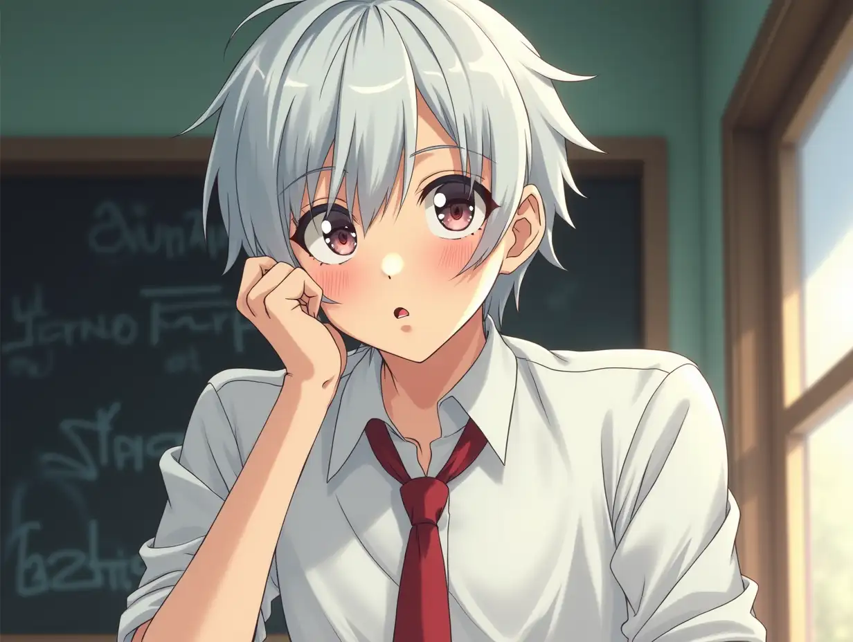 A boy in a white shirt of highschool, white hair and a red tie is making expressions, how if was relaxing listening to lo-fi while is studying. Version 1990 anime style.