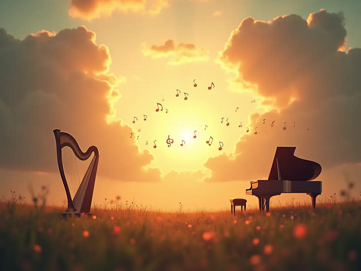 An ethereal landscape with soft golden sunlight streaming through the clouds, a glowing harp on one side and a grand piano on the other, surrounded by musical notes floating in the air, evoking calmness and serenity with love colors