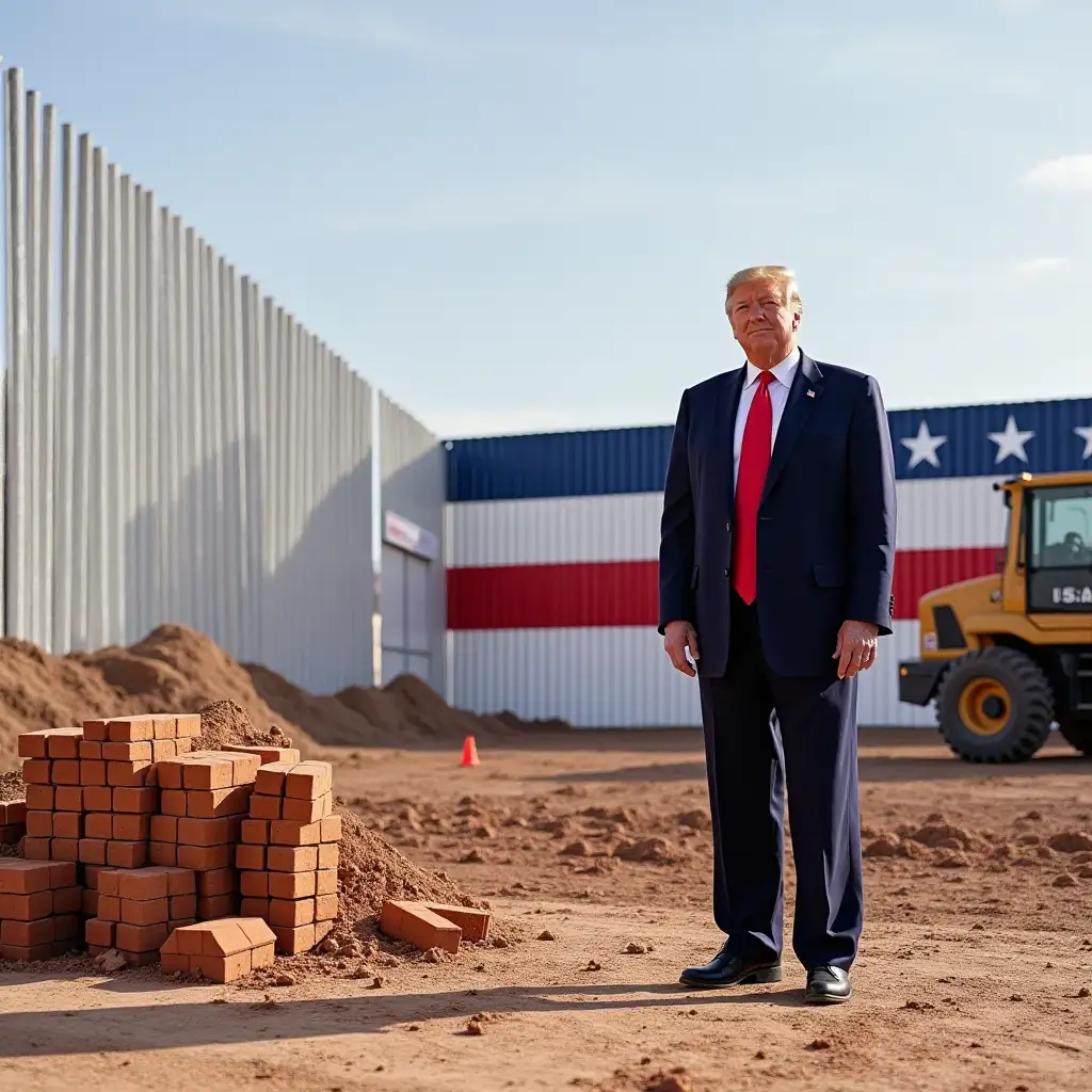 president Donald Trump standing at construction site next to a border wall, which is painted in USA colors,  with building construction machinery around him, pile of bricks on the the ground