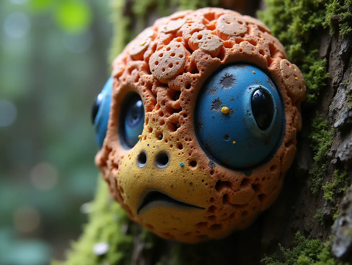 Face with blue Fly AgaricnRoots transformed into building