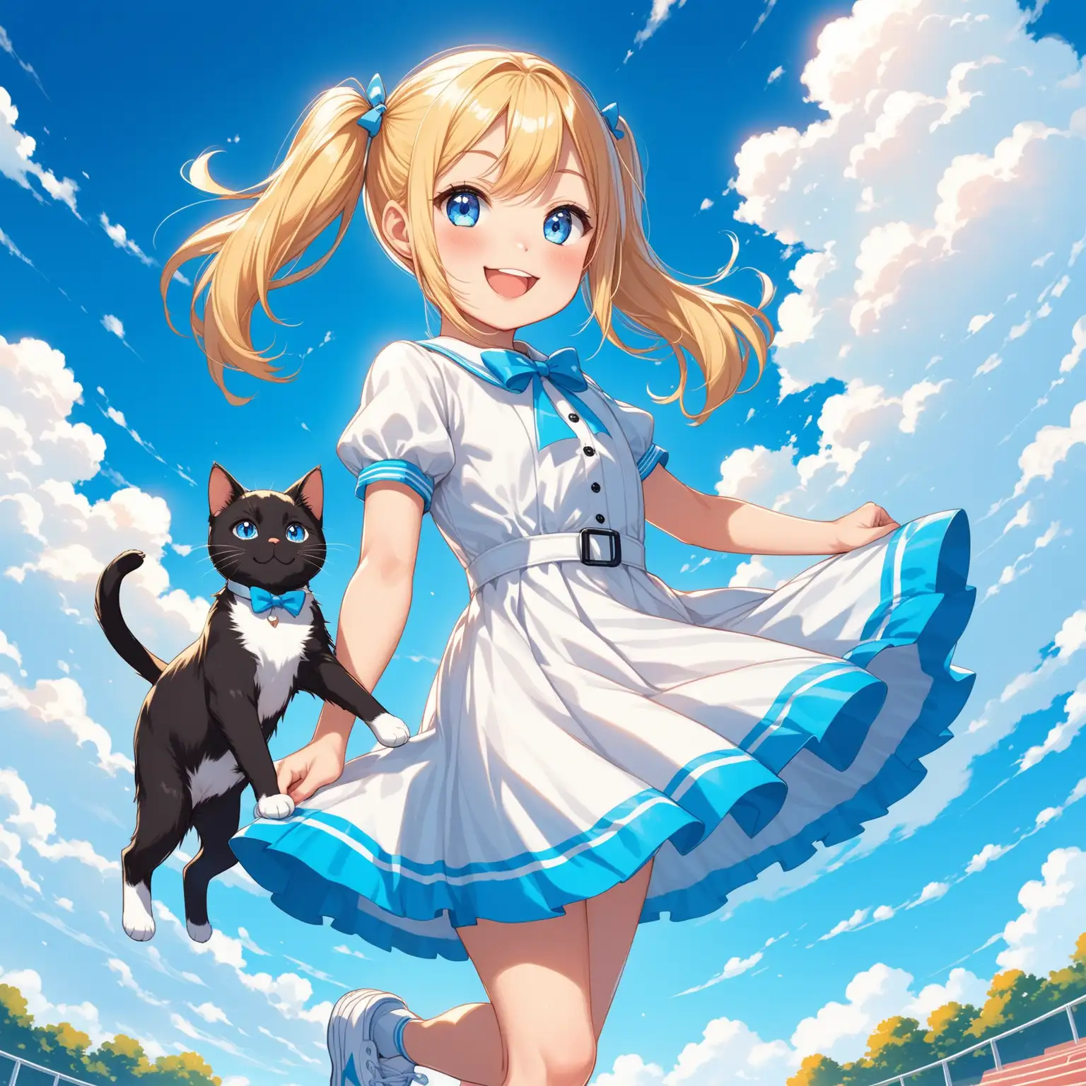 A young blond girl with two pigtails, a sporty dress, and white sneakers. A strikingly blue sky with a few beautiful clouds behind them. She has big beautiful blue eyes and an energetic smile. she should have happy tuxedo cat on her shoulder