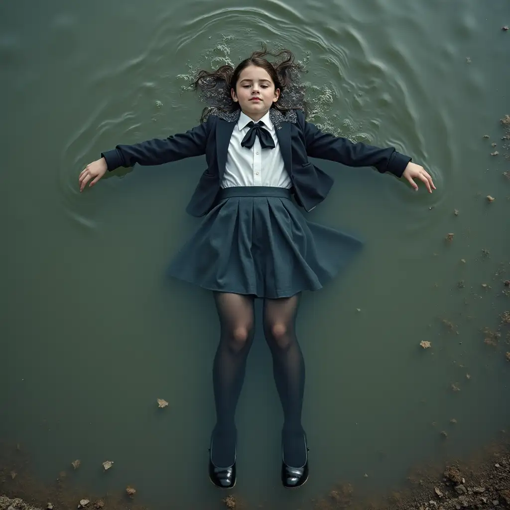 A young schoolgirl in a school uniform, in a skirt, jacket, blouse, dark tights, high-heeled shoes. She is swimming in a dirty pond, lying underwater, all her clothes are completely wet, wet clothes stick to her body, the whole body is under water, submerged in water, under the surface of the water, below the water's edge.