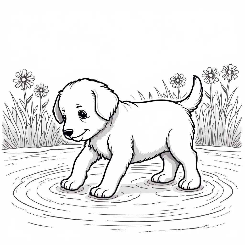 Puppy-Dog-Playing-in-Water-with-Flowers-and-Nature-Background-Color-Book-Image